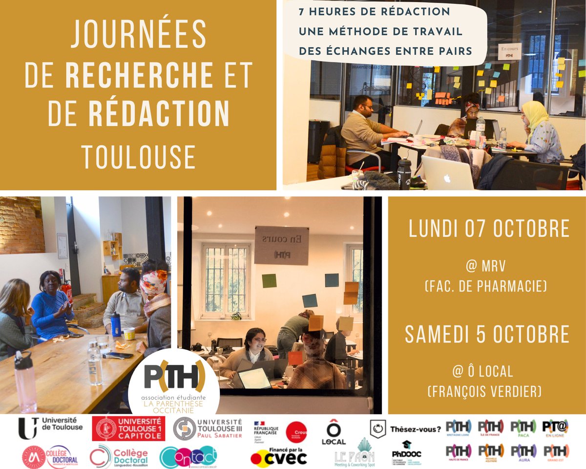 [JOURNÉES DE RECHERCHE &amp; RÉDACTION – TOULOUSE] 📚À Toulouse, retrouvons-nous pour deux journées de recherche et de rédaction le samedi 5 octobre 📍 Ô’Local, et le lundi 7 octobre 📍 à la MRV !
📅Samedi 5/10 : bit.ly/3ZGmYBR
📅 Lundi 7/10 : bit.ly/3BpE3G5
