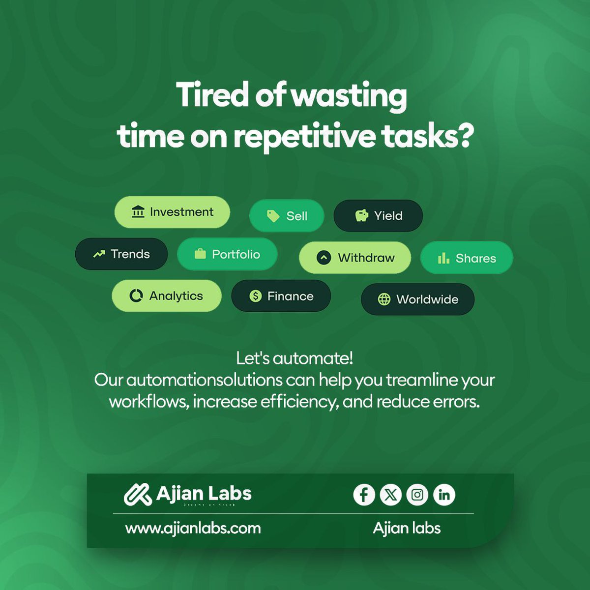 ajianlabs's tweet image. Say goodbye to mundane tasks. Our automation solutions can free up your time and boost your productivity. Let&apos;s automate!
 #automation #efficiency #productivity