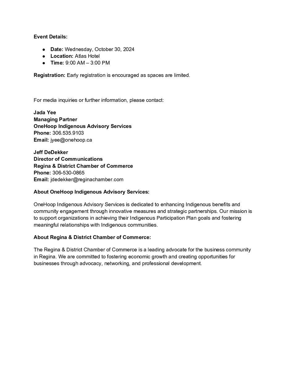 OneHoop Indigenous Advisory Services, in partnership with <a href="/ReginaChamber/">Regina Chamber</a>, will host "Widening The Circle: Embracing Reconciliation In Business" on Wed., Oct. 30. The attached press release contains details of this exciting new conference: