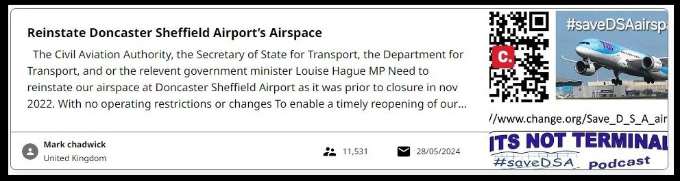 save_dsa's tweet photo. 11,531 signatures so far 

you can help by signing and sharing the petition thats on change dot org 

https://t.co/2GbTgBUIHa

#saveDSA #saveDSAairspace #syorksairportcity https://t.co/PhlumaV3UC