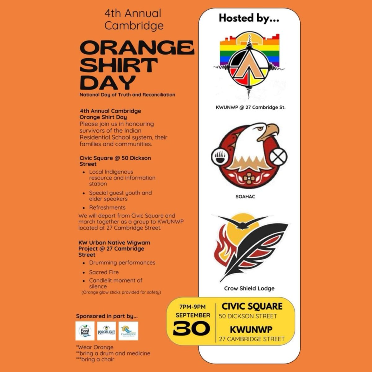 Today is Orange Shirt Day. A day to acknowledge the tragedy of Residential Schools and honor the survivors, seeing the strength they carry to this day. Join us at 50 Dickson Street Cambridge at 7pm tonight to come together as one. Wear orange. We hope to see you there with us 🧡