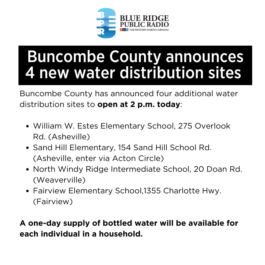 BlueRidgePublic's tweet photo. 🚨 NEW UPDATE: 4 additional
Buncombe County water distribution sites announced https://t.co/FBN3vyLlbi