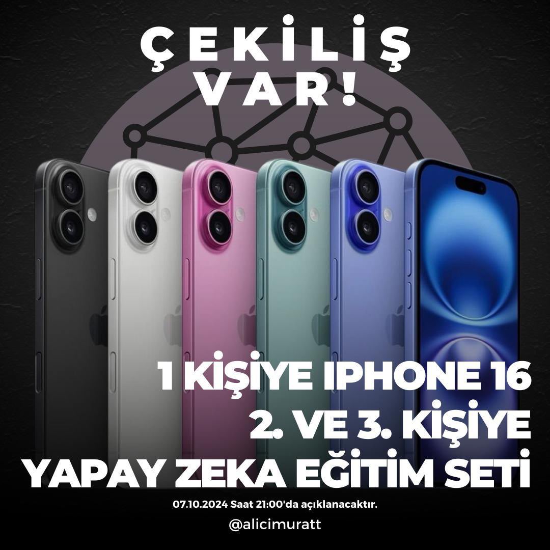 Murat ALICI (@alicimuratt) on Twitter photo Efsane çekiliş geldi ! Dev katılım bekliyoruz!
1️⃣ Kişiye iPhone 16!
2️⃣ ve 3️⃣ Kişilere Yapay Zeka Eğitim Seti hediye! 💻
Katılım Şartları:
🔹 Gönderiyi beğen ❤️
🔹 RT yap
🔹 Yoruma 2 arkadaşını etiketle
<a href="/cryptotrfacts/">CryptoTurkeyFacts</a> & <a href="/alicimuratt/">Murat ALICI</a> hesaplarını takip etmeyi unutma! 📲 Efsane çekiliş geldi ! Dev katılım bekliyoruz!
1️⃣ Kişiye iPhone 16!
2️⃣ ve 3️⃣ Kişilere Yapay Zeka Eğitim Seti hediye! 💻
Katılım Şartları:
🔹 Gönderiyi beğen ❤️
🔹 RT yap
🔹 Yoruma 2 arkadaşını etiketle
<a href="/cryptotrfacts/">CryptoTurkeyFacts</a> & <a href="/alicimuratt/">Murat ALICI</a> hesaplarını takip etmeyi unutma! 📲