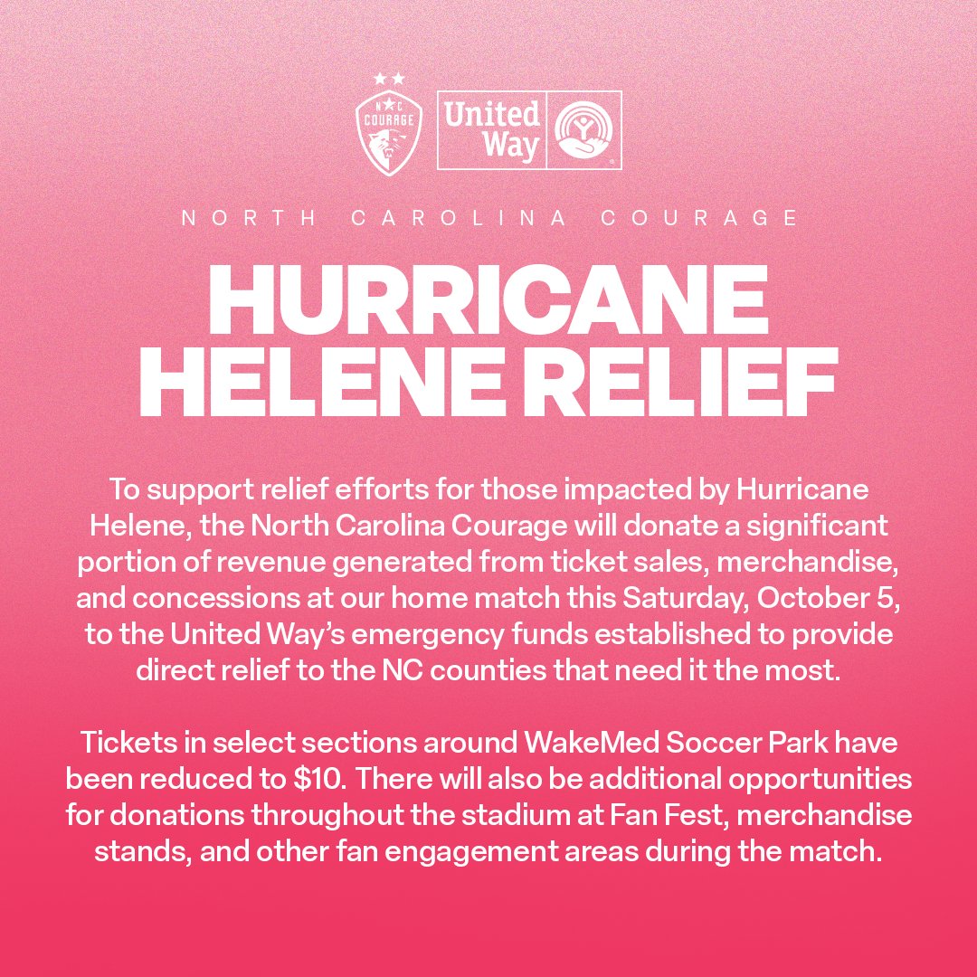 For the Love, For North Carolina.

Significant proceeds from this Saturday’s match will go to the United Way relief funds established to help the counties in Western NC impacted by Hurricane Helene. We will continue to partner with United Way to identify future opportunities to