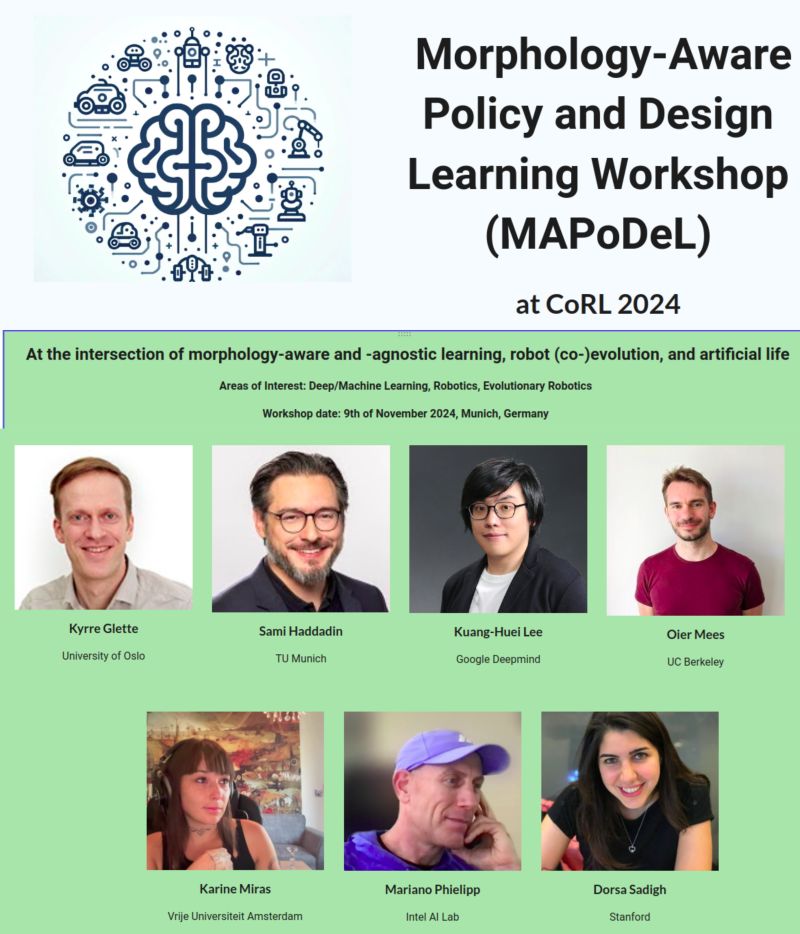 There is still time (Oct 15) to submit your work to our #CoRL2024 workshop on ML that generalizes across robot morphologies.  

Website: sites.google.com/view/corl-mapo…
Submission Link: openreview.net/group?id=corl.…
Speakers below.