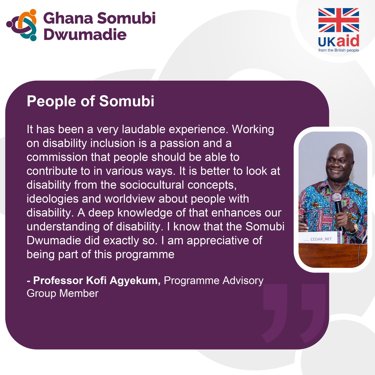 Professor Agyekum talks about how looking at disability from the sociocultural concepts, ideologies and worldview about people with #Disability provides a deep knowledge and enhances our understanding of disability.

#SomubiPeople #SomubiFocus
