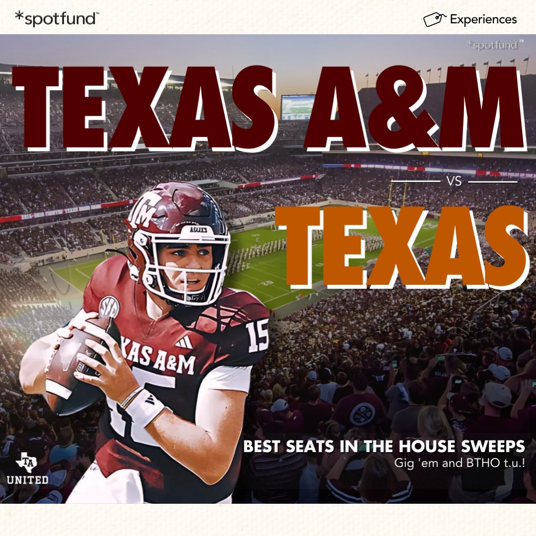 spotfund's tweet photo. 🏈 https://t.co/CShgbEdK5z⁠
⁠
Presenting Texas Aggies United’s Best Seats In The House Sweepstakes!⁠

⁠
✨ Donations benefit Texas Aggies United!⁠
⁠
#spotfund #collegefootball #texas #amuniversity https://t.co/NNBTJKmgzR