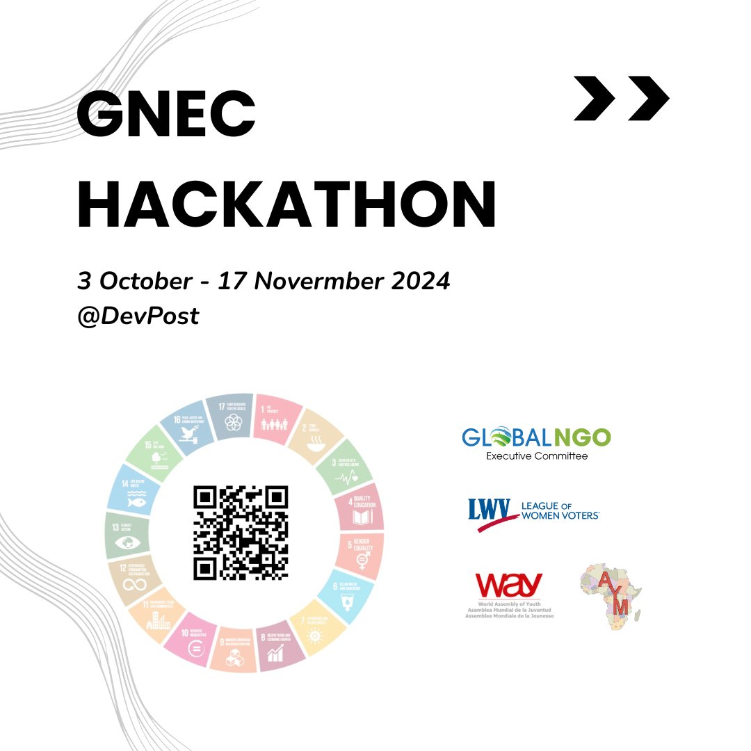 gnec_ngo's tweet photo. Bringing on board the GNEC Hackathon!!
SCAN THE QR TO REGISTER
.
.
.
#GNEC #unitednations #sdgs #Hackathon #tech #coding #competition #university #highschool #undgc #un #gnechackathon #hackthefuture #innovation https://t.co/ufyC08T6ZA