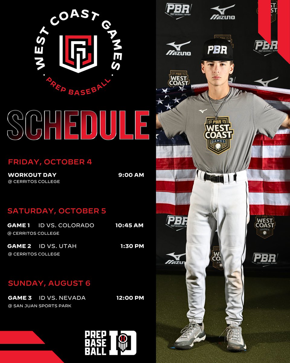 Prep Baseball Idaho (@prepbaseballid) on Twitter photo ๐ง๐ฒ๐ฎ๐บ ๐๐ฑ๐ฎ๐ต๐ผ - ๐ช๐ฒ๐๐ ๐๐ผ๐ฎ๐๐ ๐๐ฎ๐บ๐ฒ๐ ๐ฆ๐ฐ๐ต๐ฒ๐ฑ๐๐น๐ฒ
A look at Team Idaho's schedule this weekend in Southern California, starting with a workout at 9AM on Friday at Cerritos College.
Event Infoโก๏ธ loom.ly/kbqUynQ
<a href="/prepbaseball/">Prep Baseball</a> | <a href="/B_HarrisonPBR/">Brett Harrison</a> ๐ง๐ฒ๐ฎ๐บ ๐๐ฑ๐ฎ๐ต๐ผ - ๐ช๐ฒ๐๐ ๐๐ผ๐ฎ๐๐ ๐๐ฎ๐บ๐ฒ๐ ๐ฆ๐ฐ๐ต๐ฒ๐ฑ๐๐น๐ฒ
A look at Team Idaho's schedule this weekend in Southern California, starting with a workout at 9AM on Friday at Cerritos College.
Event Infoโก๏ธ loom.ly/kbqUynQ
<a href="/prepbaseball/">Prep Baseball</a> | <a href="/B_HarrisonPBR/">Brett Harrison</a>