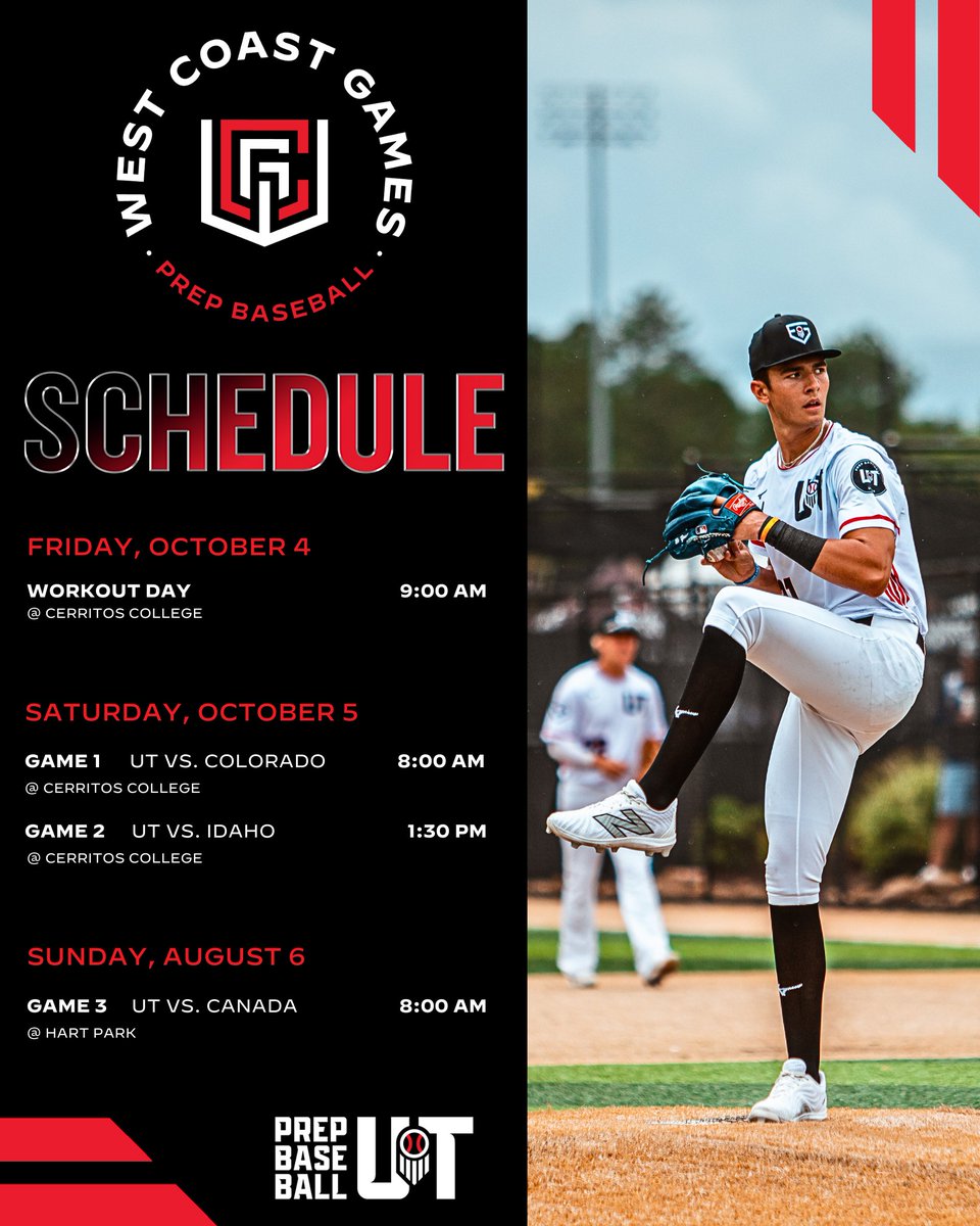 Prep Baseball Utah (@prepbaseballut) on Twitter photo 𝗧𝗲𝗮𝗺 𝗨𝘁𝗮𝗵 - 𝗪𝗲𝘀𝘁 𝗖𝗼𝗮𝘀𝘁 𝗚𝗮𝗺𝗲𝘀 𝗦𝗰𝗵𝗲𝗱𝘂𝗹𝗲
A look at Team Utah's schedule this weekend in Southern California, starting with a workout at 9AM on Friday at Cerritos College.
Event Info➡️ loom.ly/kbqUynQ
<a href="/prepbaseball/">Prep Baseball</a> | <a href="/utahscout1219/">𝐉𝐞𝐟𝐟 𝐒𝐜𝐡𝐨𝐥𝐳𝐞𝐧</a> 𝗧𝗲𝗮𝗺 𝗨𝘁𝗮𝗵 - 𝗪𝗲𝘀𝘁 𝗖𝗼𝗮𝘀𝘁 𝗚𝗮𝗺𝗲𝘀 𝗦𝗰𝗵𝗲𝗱𝘂𝗹𝗲
A look at Team Utah's schedule this weekend in Southern California, starting with a workout at 9AM on Friday at Cerritos College.
Event Info➡️ loom.ly/kbqUynQ
<a href="/prepbaseball/">Prep Baseball</a> | <a href="/utahscout1219/">𝐉𝐞𝐟𝐟 𝐒𝐜𝐡𝐨𝐥𝐳𝐞𝐧</a>