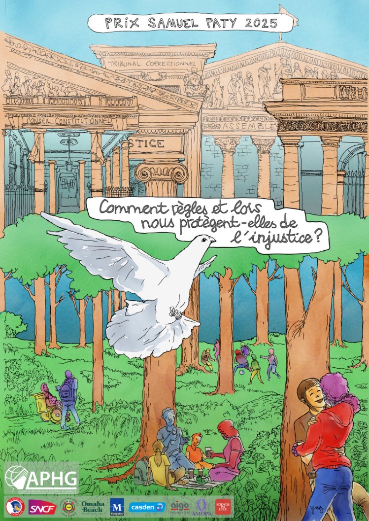 🔴 « Comment règles et lois nous protègent-elles de l’injustice? »
▶️ Nous avons l’honneur de vous dévoiler l’affiche du prix Samuel Paty 2025, œuvre de Guy Le Besnerais, dessinateur de la BD « Crayon noir » 🙏🏻 
▶️ Modalités d’inscription au concours : aphg.fr/PRIX-SAMUEL-PA…