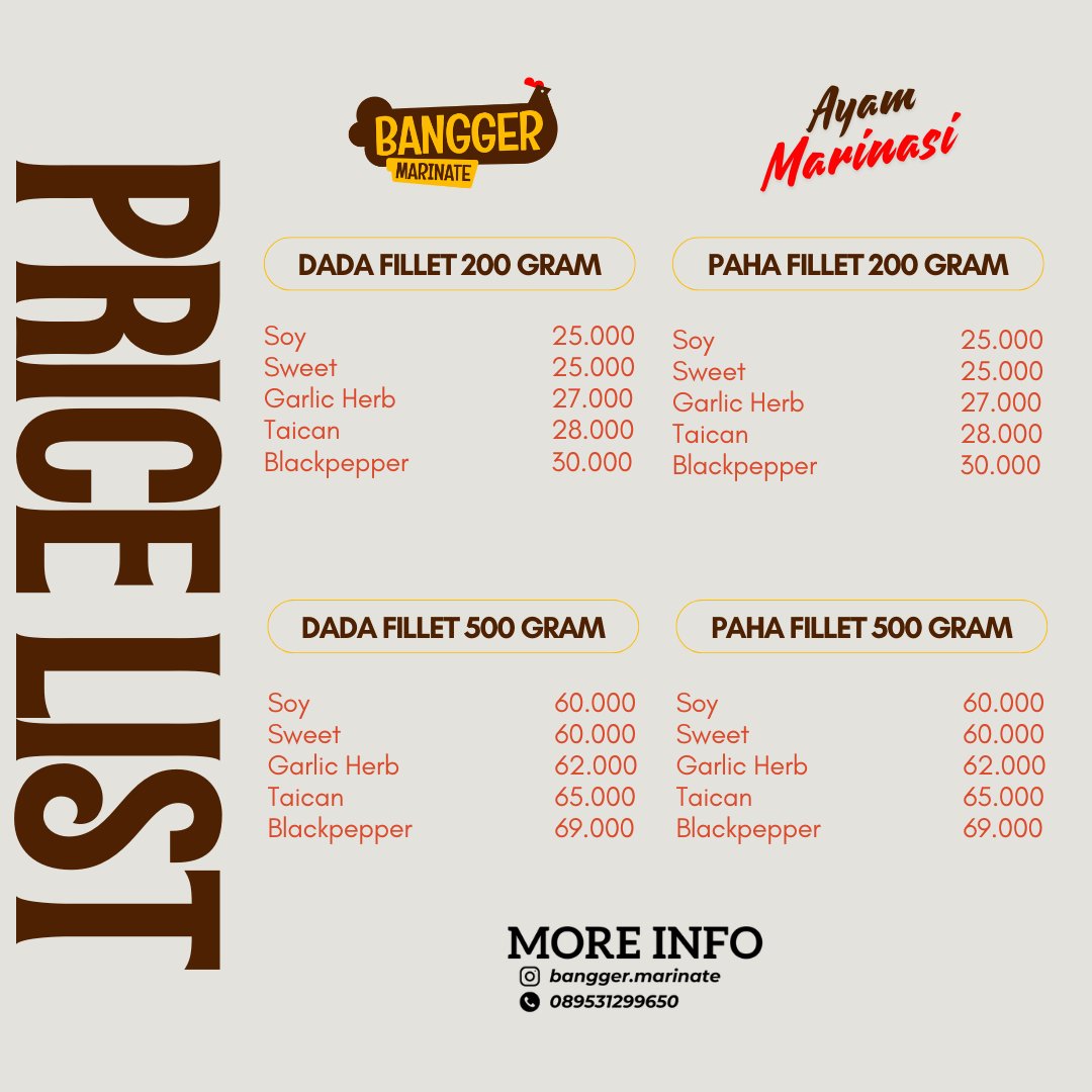 rendermannn_'s tweet image. Pricelist terbaru dari bangger Marinate. Sekarang ga cuma dada fillet marinasi saja, sudah ada paha fillet marinasi juga. Ukuran yang tersedia 200gr dan 500gr.

Segera order sebelum kehabisan.
Khusus anak twitter, aku kasih promo. Cus DM yaa,,

Suksma.