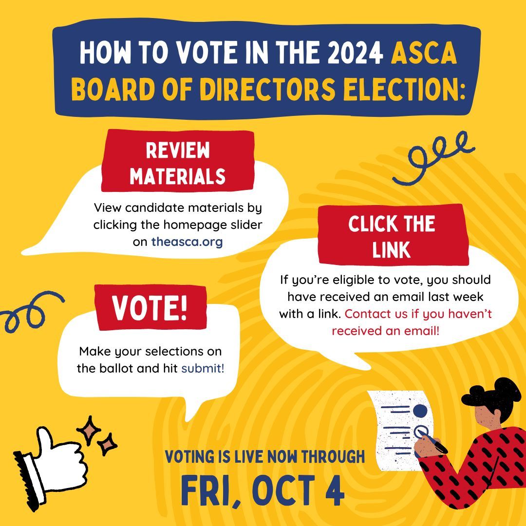 ⌛ Five days left! Now is your chance to shape ASCA's future - vote in the 2024 ASCA Board of Directors election. Follow the steps to cast your vote now through Friday, October 4 by 11:59 PM Pacific. Review candidate materials here: buff.ly/3zFVJwA