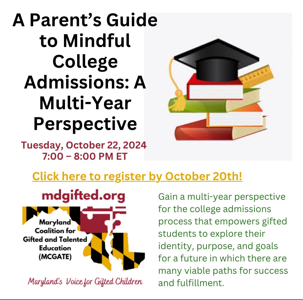 Join us Tuesday, October 22, 2024, Online via Zoom
7:00 – 8:00 PM ET for our eMpower Hour
A Parent’s Guide to Mindful College Admissions: A Multi-Year Perspective

Link to register in our bio!