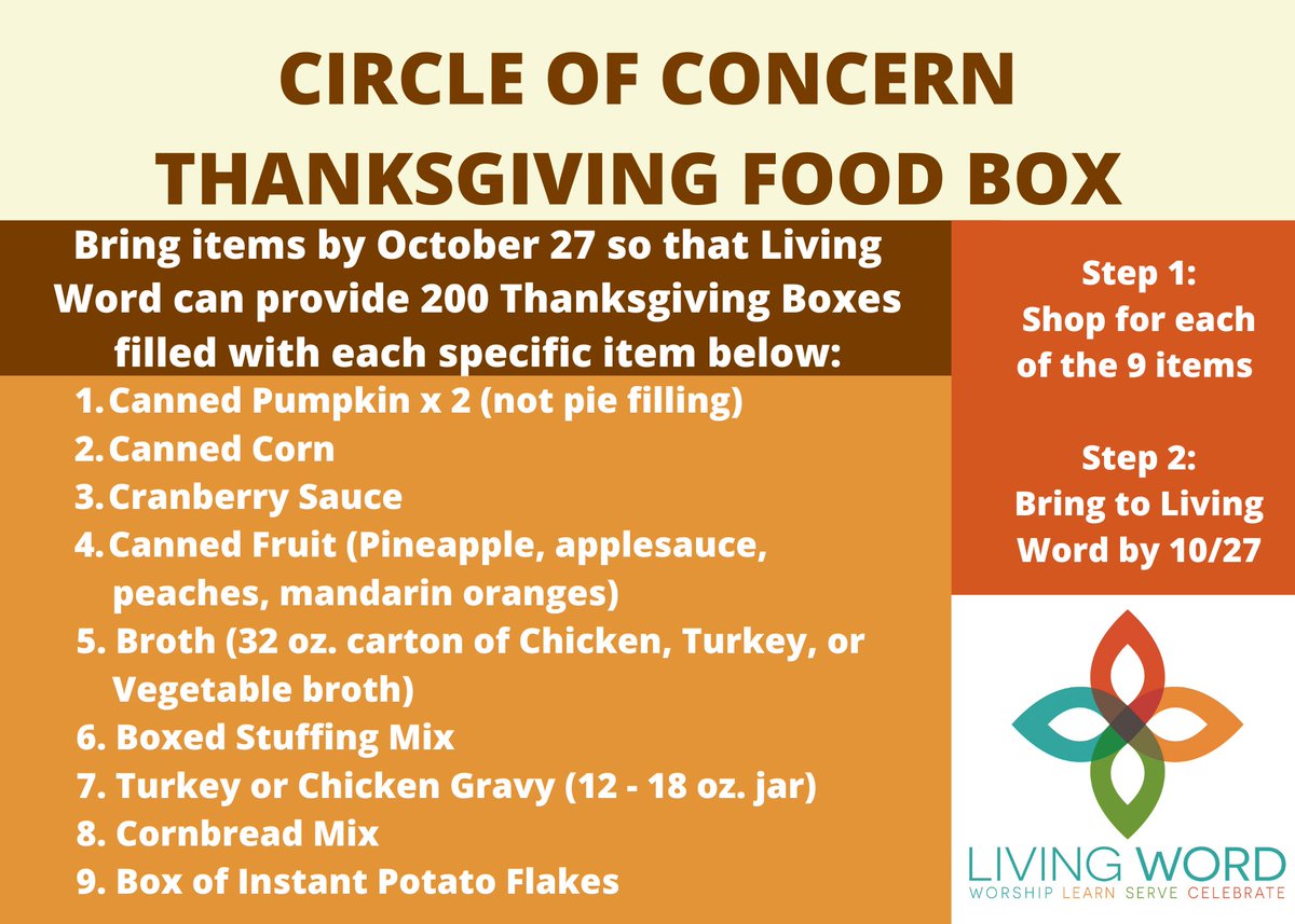 LivingWordUMC's tweet image. Today is Mission Monday! Join Living Word in providing Thanksgiving meal items for families in need through Circle of Concern. Help Living Word  reach our goal of 200 sets by 10/27!

#WeAreLivingWord #CircleOfConcern