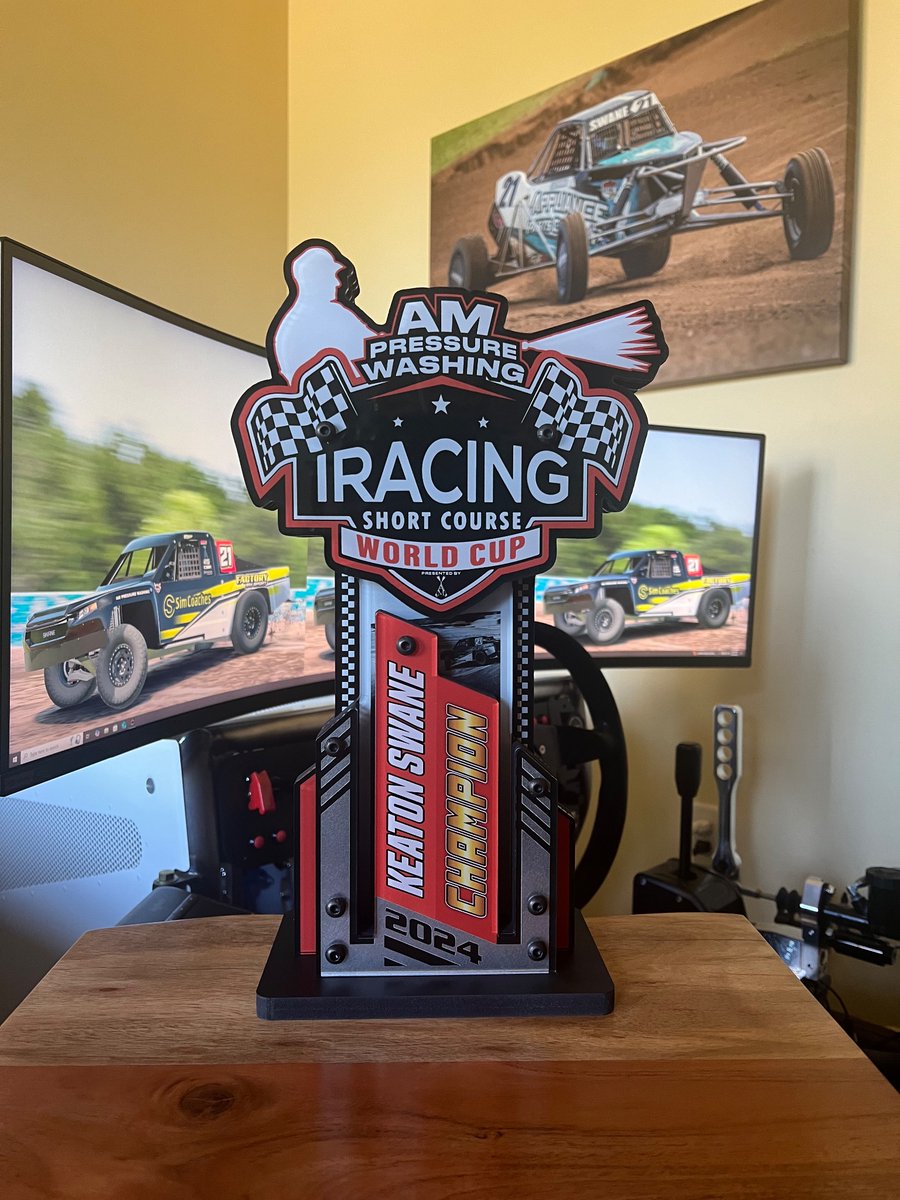 FactorySimsport's tweet photo. Huge shoutout to @iRacingshort for providing this sick trophy to the winner of the 2024 World Cup @KeatonSwane! As always thanks to everyone that helps out not only our team but the @iRacingshort league as well! @SimCoaches #AMPressureWashing #DIGD https://t.co/ie8o6DriEO