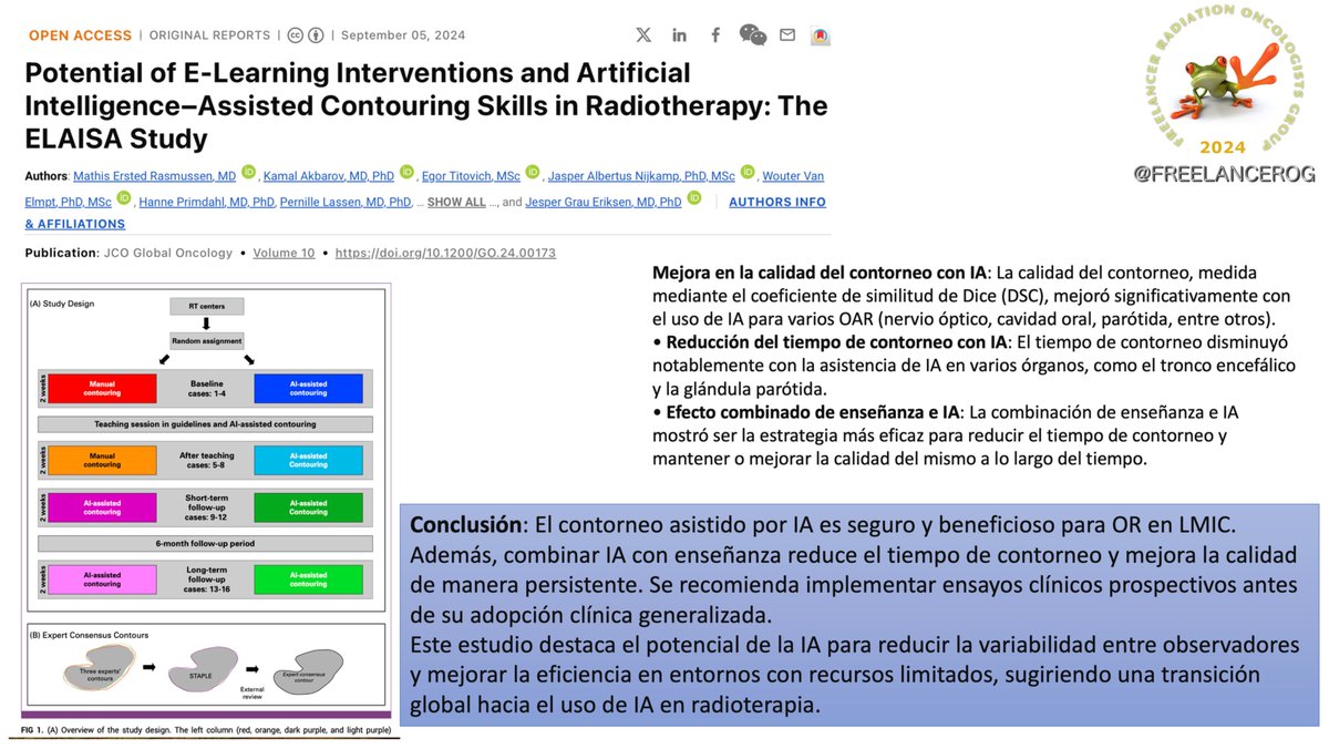 Estudio ELAISA (E-Learning Interventions and Artificial Intelligence–Assisted Contouring Skills in Radiotherapy)
ascopubs.org/doi/10.1200/GO…
#AI #RADONC #elearning