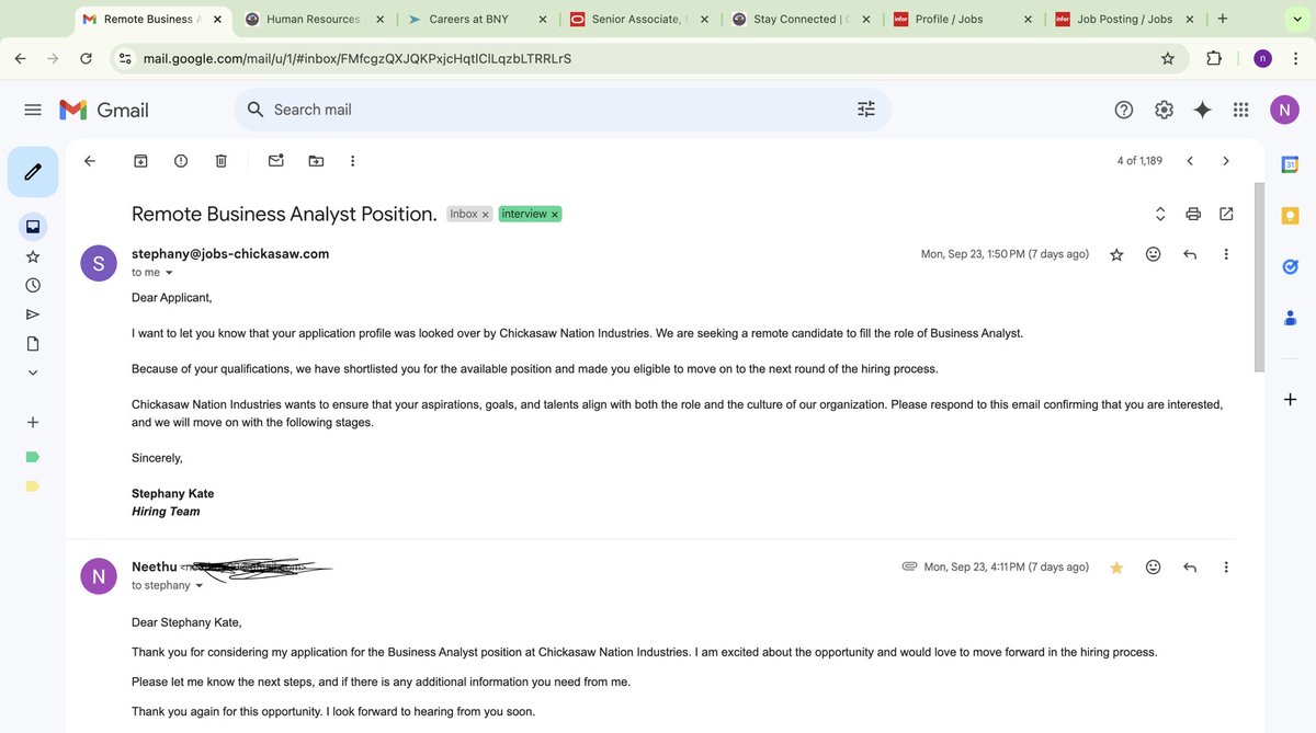 YeshwanthNeethu's tweet photo. @ChickasawNation  
I received a job offer without any interview from Chickasaw nation, claiming to offer me a job as a remote business analyst. I’m trying to reach you guys out to understand, if it was a genuine mail from Chickasaw nation or a scam. 

Attaching the screenshot. https://t.co/6qkXacft1j