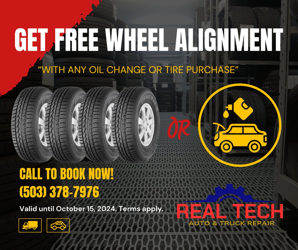 DriveTimeAutoOR's tweet image. FREE Wheel Alignment with any tire purchase or oil change at RealTechAuto! 🛞🔧 Offer valid until Oct 15, 2024. Don’t miss out—book now and keep your car in top shape! 

👉 myalp.io/wstkis 📞 (503) 378-7976 #FreeAlignment #RealTechAuto #CarCare