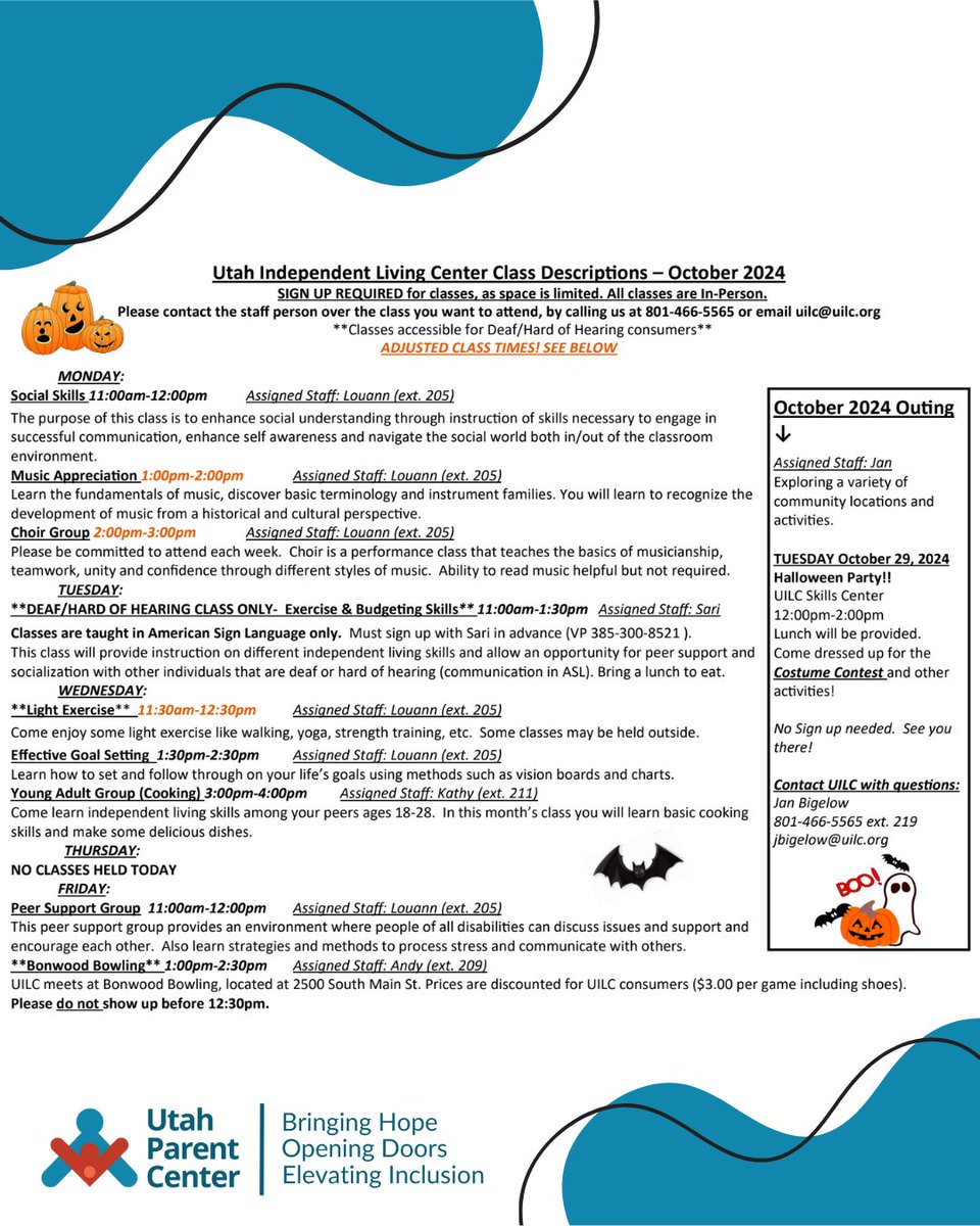 utparentcenter's tweet photo. The Utah Independent Living Center has great classes planned for October. 🎃👻🔮 Share this post with a friend who would like these events!

#independentliving #thingstodoinutah #saltlakecity #utah https://t.co/Ga1dLm3vj4