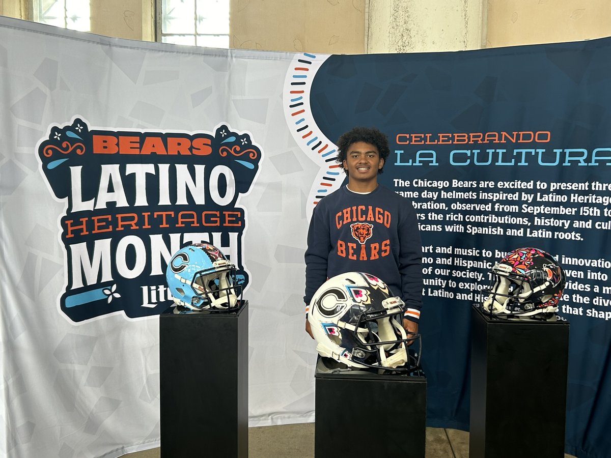 BearsOutreach's tweet photo. Congratulations to Luke Y. from Whitney Young H.S. &amp; Heydee S. from Round Lake H.S. on being selected as the 2024 Chicago Bears Latino Heritage Youth Leaders. They were honored at the Bears game w/ help from Bears legend Roberto Garza &amp; presented special Latino Heritage helmets. https://t.co/41Fwz7cLwv