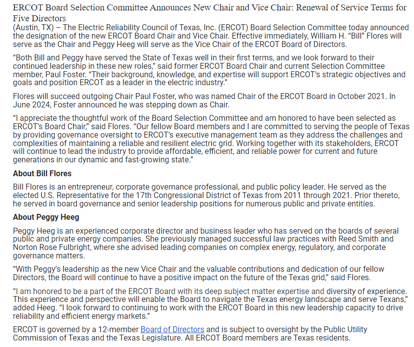 bradj_TX's tweet photo. New: Former Congressman Bill Flores is the new chair of the @ERCOT_ISO board of directors. Peggy Heeg has been named vice chair. https://t.co/d8TQjKVq2w