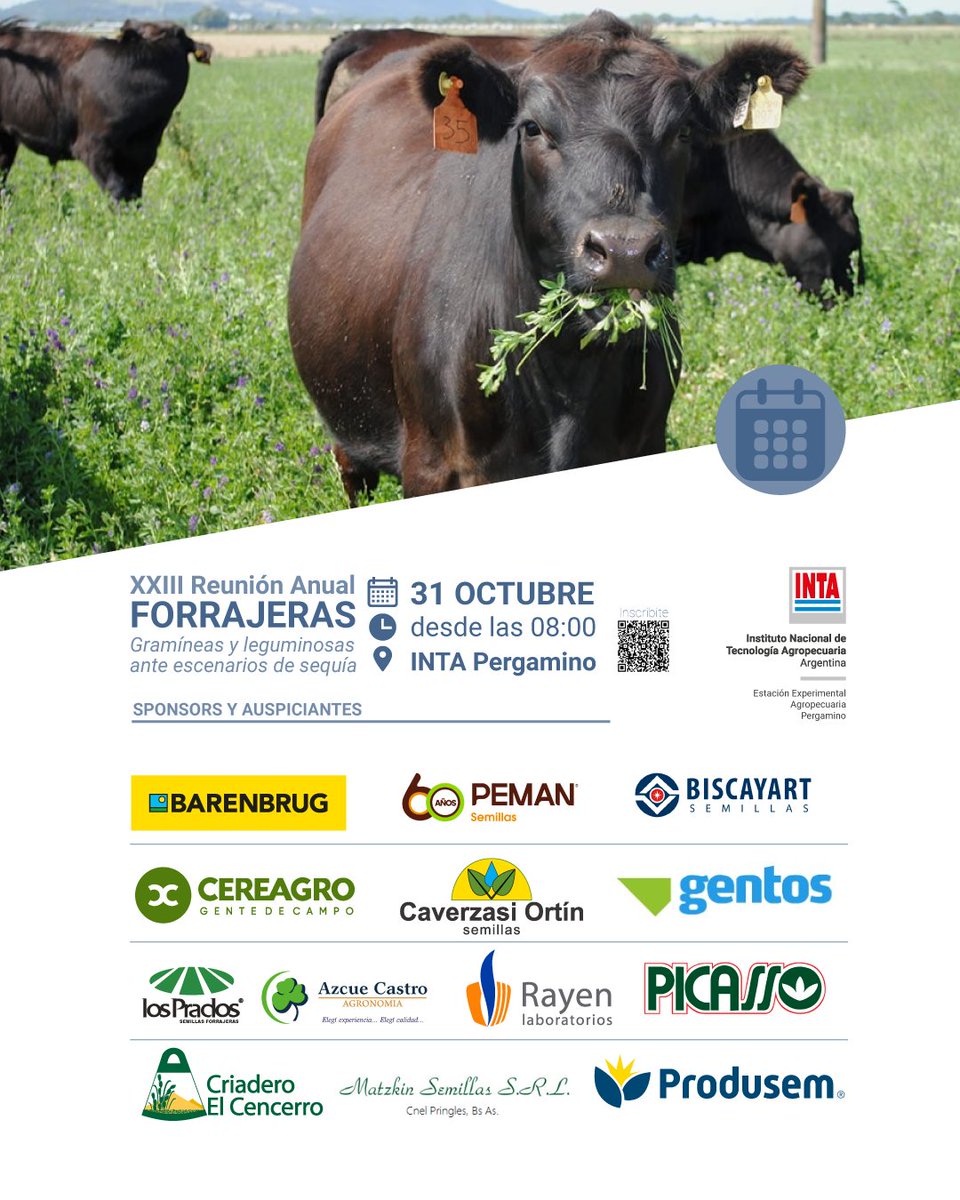 #AgendaINTA
XXIII Reunión Anual de Forrajeras
"Gramíneas y leguminosas ante escenarios de sequía"
📷 31 octubre desde las 08:00 en INTA Pergamino (Quincho)
Inscribite aquí >> forms.office.com/r/7kqBDBnFwg