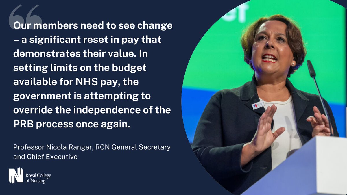 theRCN's tweet image. 🆕 | The government has signalled the 2025/26 NHS pay award will face budgetary constraints and arrive late.
 
Austerity logic is being used to undermine nursing pay - our participation in the PRB process is now in doubt.

Our full response: bit.ly/4dAEjzy