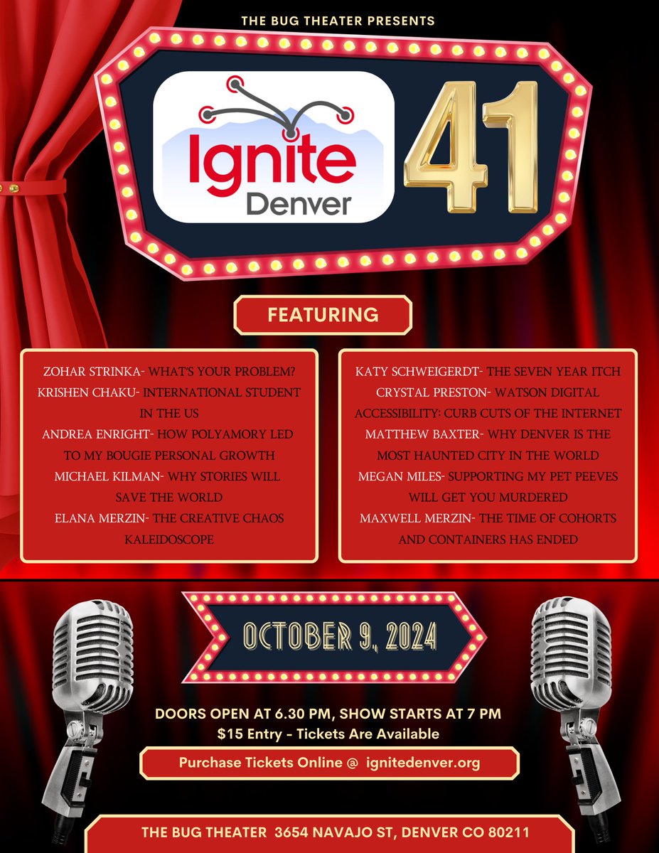 First cut of our #ignitedenver 41 poster!
Some titles will shift, but if this line up doesn't have something that sounds interesting, what're you even doing? :)

ignitedenver.org