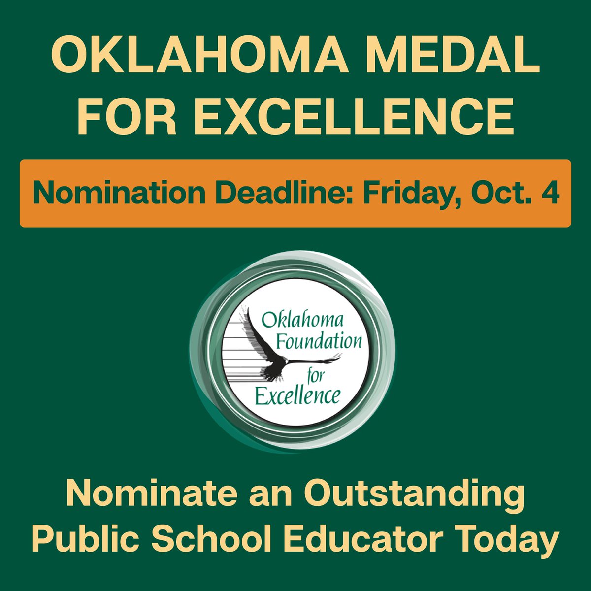 It’s the last week to nominate an Oklahoma public school educator for the Medal for Excellence! Anyone can make a nomination, including colleagues, community members and students. To nominate a teacher or review the criteria, visit loom.ly/_-OItK4 #oklaed #ofeawards