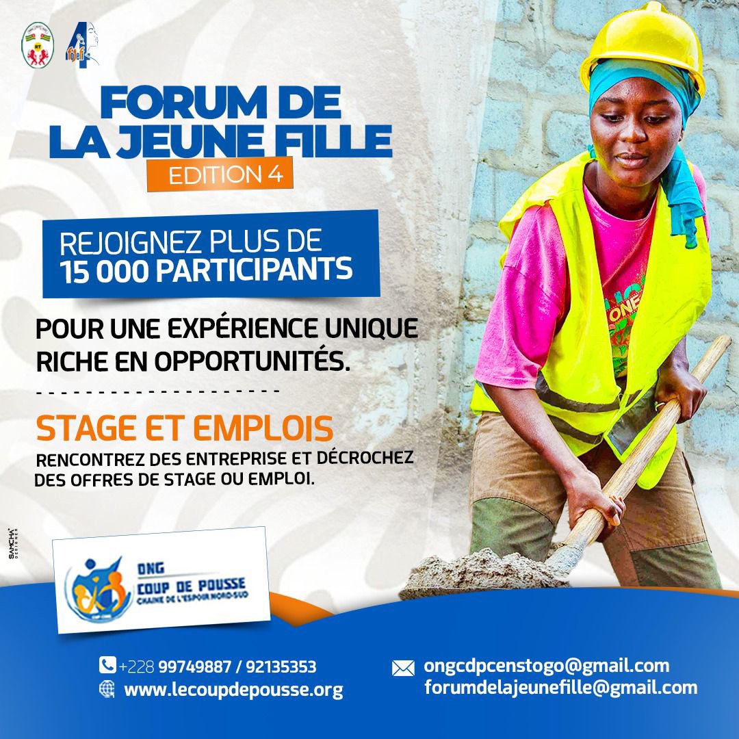 🎉 **FORUM DE LA JEUNE FILLE - ÉDITION 4** 🎉

👷‍♀️ Rejoignez plus de **15 000 participants** pour une expérience unique riche en opportunités ! 🌟

📅 Date : à venir
📍 Lieu : à venir

<a href="/faiejtogo/">faiejtogo</a> <a href="/OMSTogo/">OMS TOGO</a> <a href="/ASKY_airlines/">ASKY</a> <a href="/nanatechtg/">NanaTech</a> <a href="/ongcdpcenstg/">ONG CDP CENS TOGO</a>