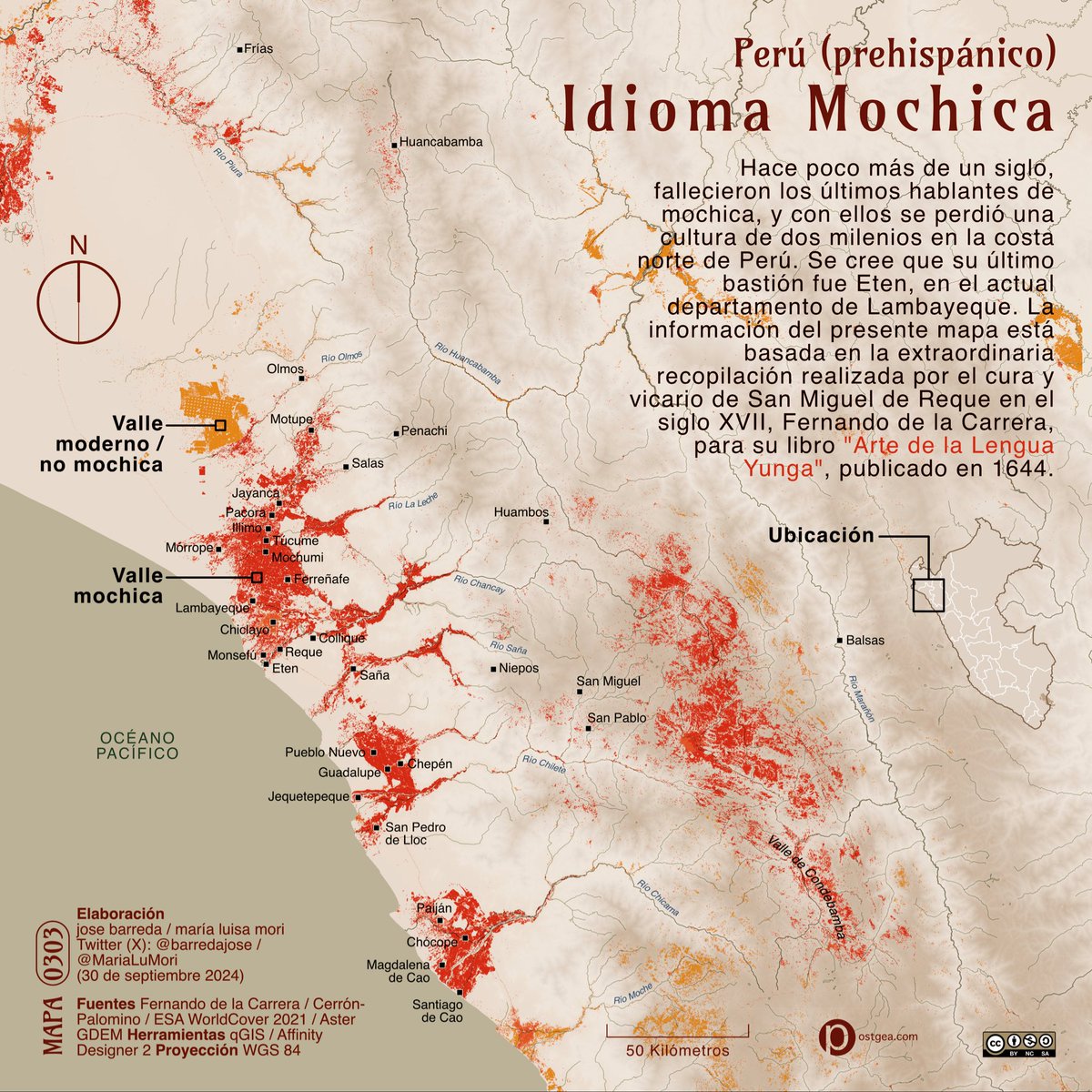 El mapa muestra los principales emplazamientos y valles (en rojo) donde se habló la extinta lengua de los mochicas. Los últimos mochica hablantes fallecieron hace un siglo, llevando consigo dos milenios de cultura. #Mapa #Peru #Historia #LenguasExtintas #Mochica