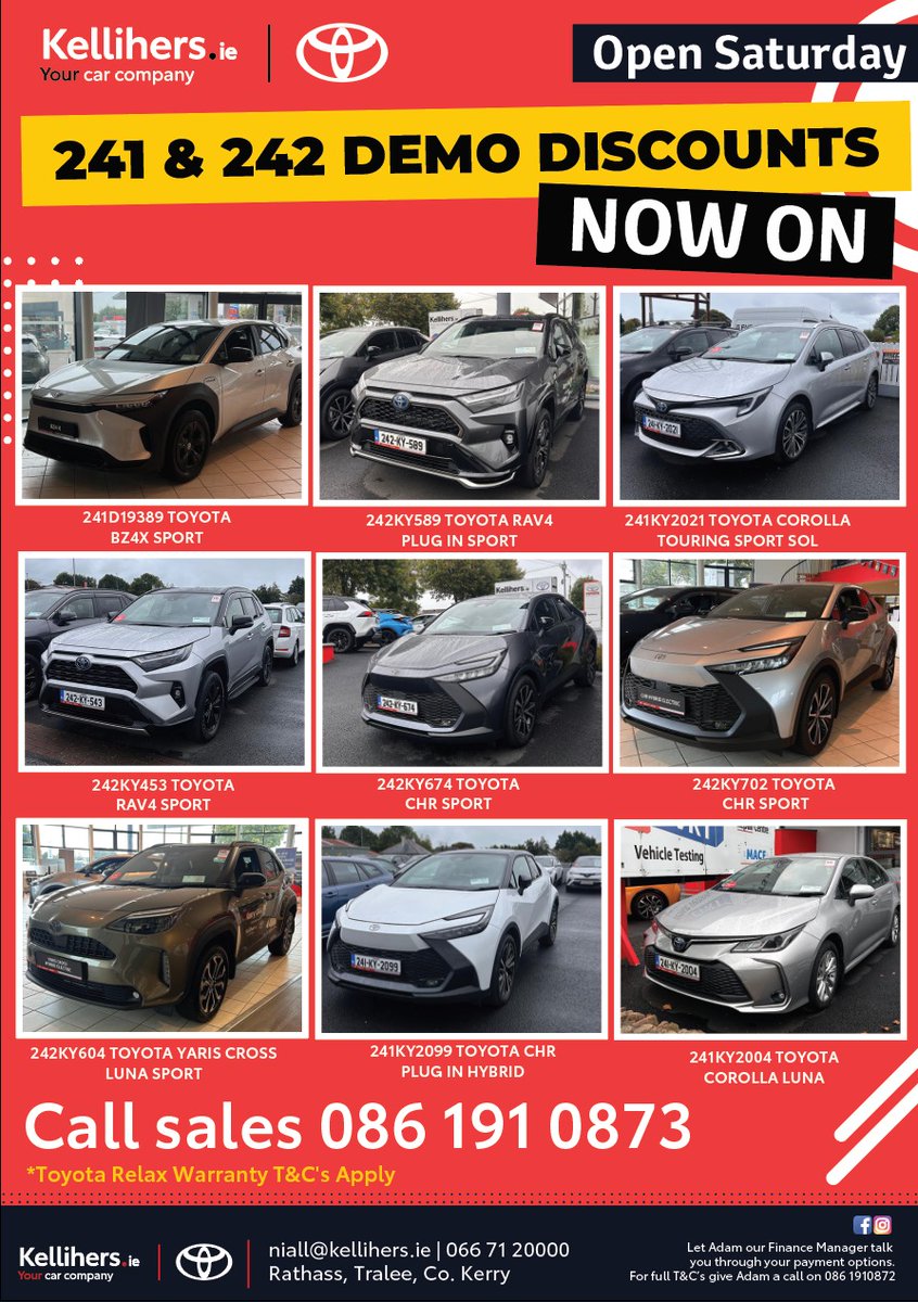 Kellihers Garage (@kellihersgarage) on Twitter photo Demo discounts available here at Kellihers Toyota, Tralee. Savings to be made on 241 & 242 Toyota models, including RAV4, Corolla and C-HR models, hybrid and Plug-In Hybrid - why not stop by our showrooms or give us a call on 066-7120000 #kellihersgaragetralee Demo discounts available here at Kellihers Toyota, Tralee. Savings to be made on 241 & 242 Toyota models, including RAV4, Corolla and C-HR models, hybrid and Plug-In Hybrid - why not stop by our showrooms or give us a call on 066-7120000 #kellihersgaragetralee