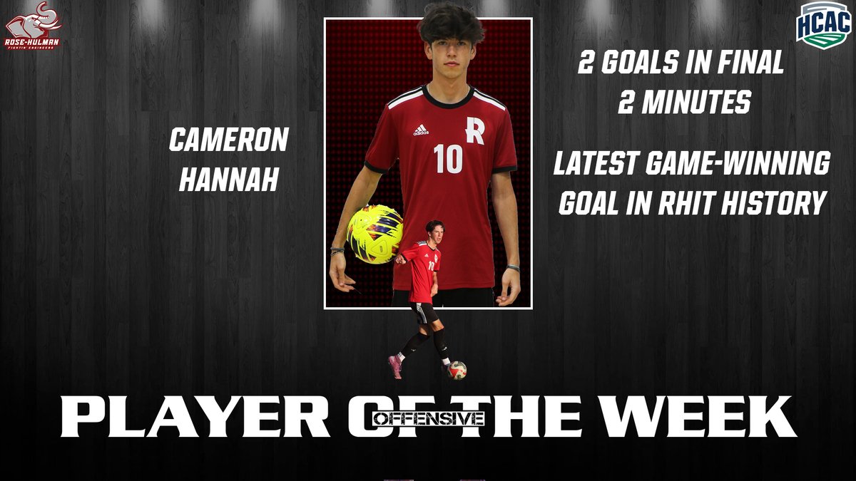 MEN'S ⚽: Cameron Hannah's late heroics in the 3-2 win over Bluffton earn the freshman HCAC Offensive Player of the Week honors. Hannah scored the latest game-tying and game-winning goals in school history with two goals in the final two minutes. #GoRose

athletics.rose-hulman.edu/news/2024/9/30…