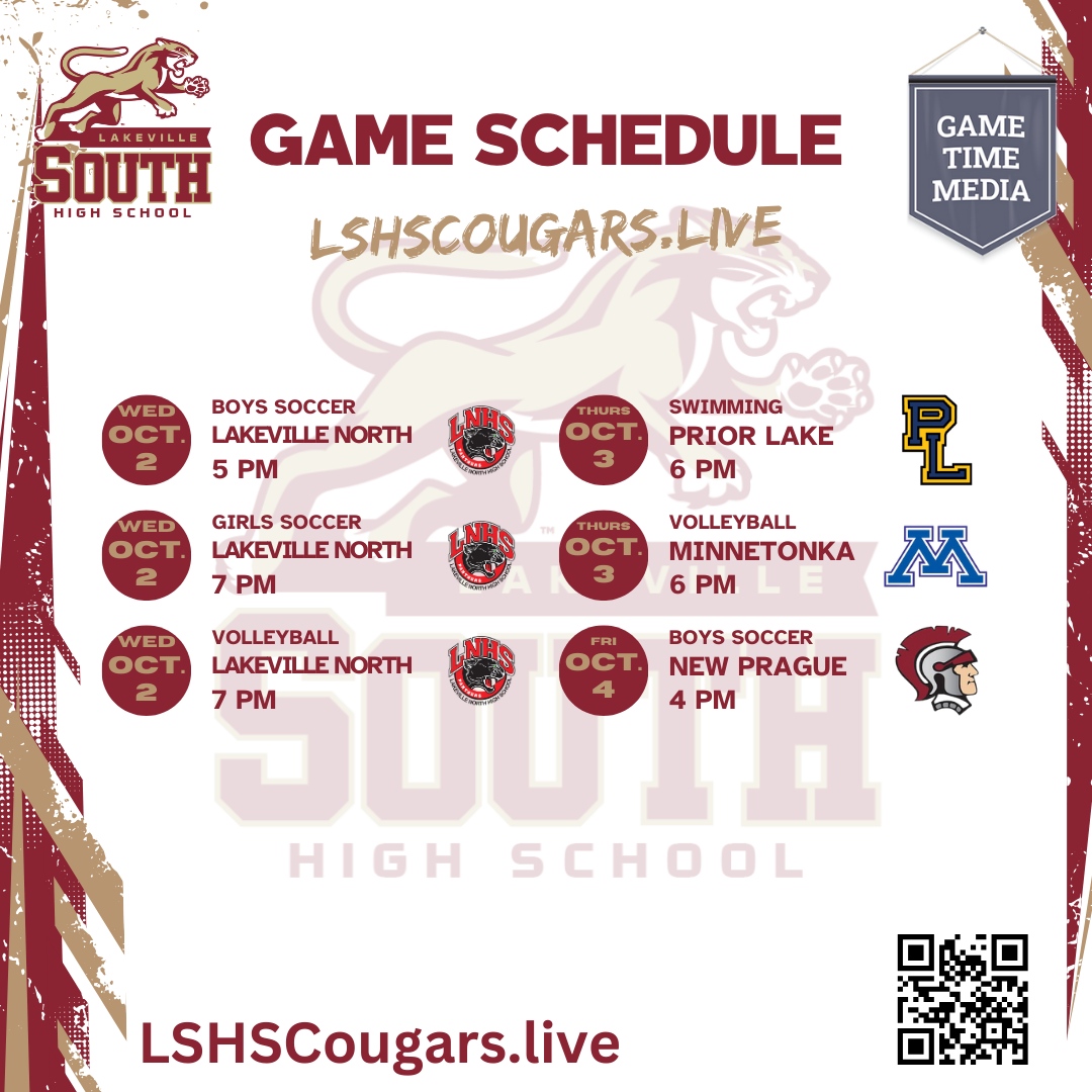 LSHSCougarsLive's tweet photo. Cougar Showdown!
10/2: Boys Soccer 5 PM, Girls Soccer & Volleyball 7 PM vs. Lakeville North - Donโt miss the rivalry!
10/3: Girls Swim 6 PM vs. Prior Lake, Volleyball 7 PM vs. Minnetonka
10/4: Boys Soccer 4 PM vs. New Prague
https://t.co/S8osRkHeUM
#GoCougars #GameTimeMedia https://t.co/n0lHxfou8o
