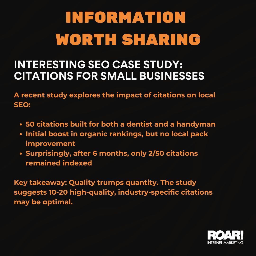 roarontheweb's tweet photo. How Many Citations Does a Small Business Need? Read the Case Study Here: https://t.co/6SKnQbpjPs #InformationWorthSharing #SmallBusiness #LocalSEO #MarketingTips #SEOInsights https://t.co/gxwYRCOumL