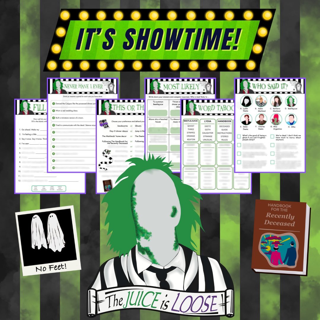 IT’S SHOWTIME!
If you’re throwing a Halloween party, or BeetleJuice watch party, THIS game set is for YOU!
Bringing extra to any event with these original BeetleJuice inspired party games!
Get yours now at

FanGirlsShop.com