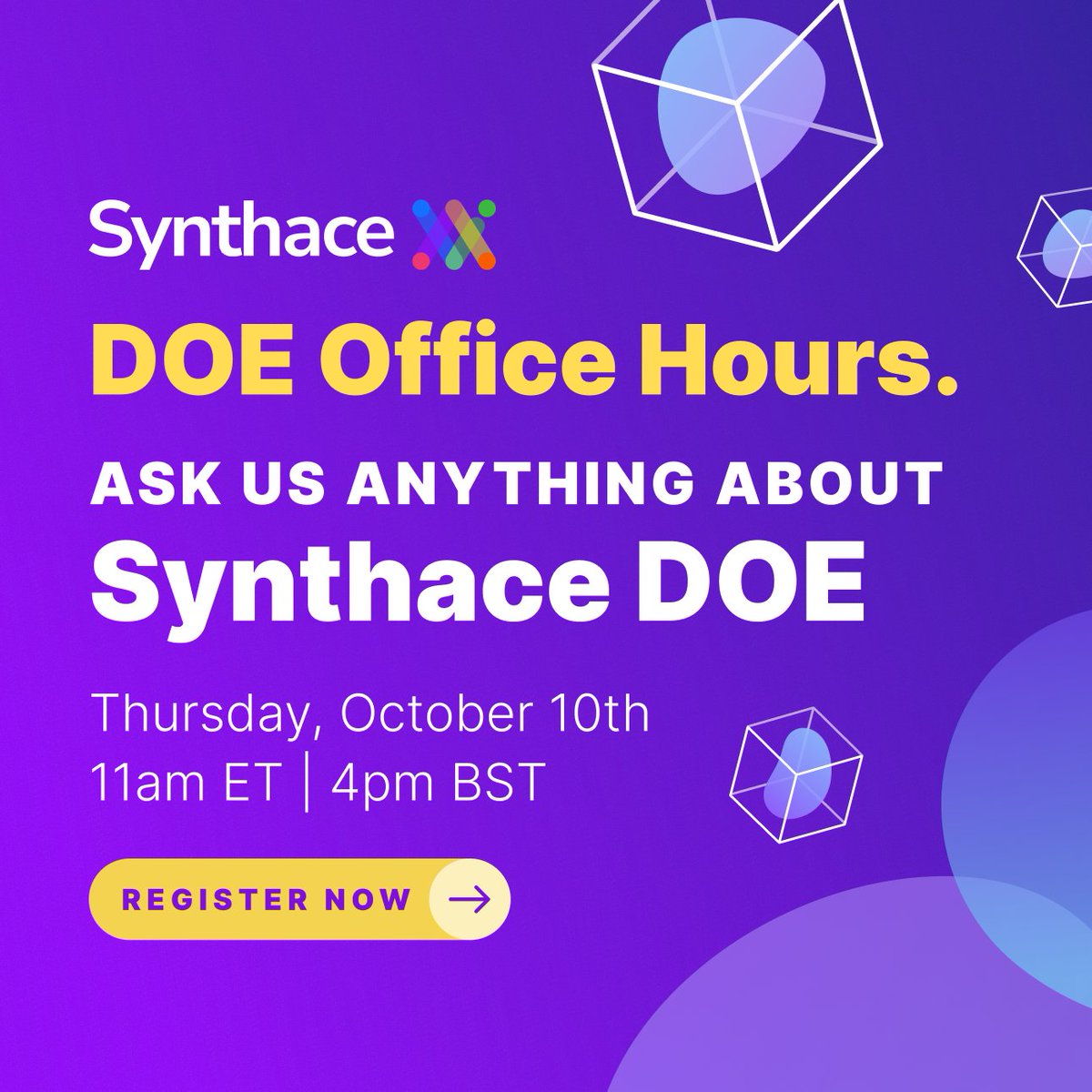DOE is complex and takes so much effort, it's hard to know where to start. But it doesn't have to be and we show you how! Join us next week for our next DOE Office Hours. 

Streaming Oct 10, 11AM ET/4PM BST. Register here: synthace.com/resources/webi…