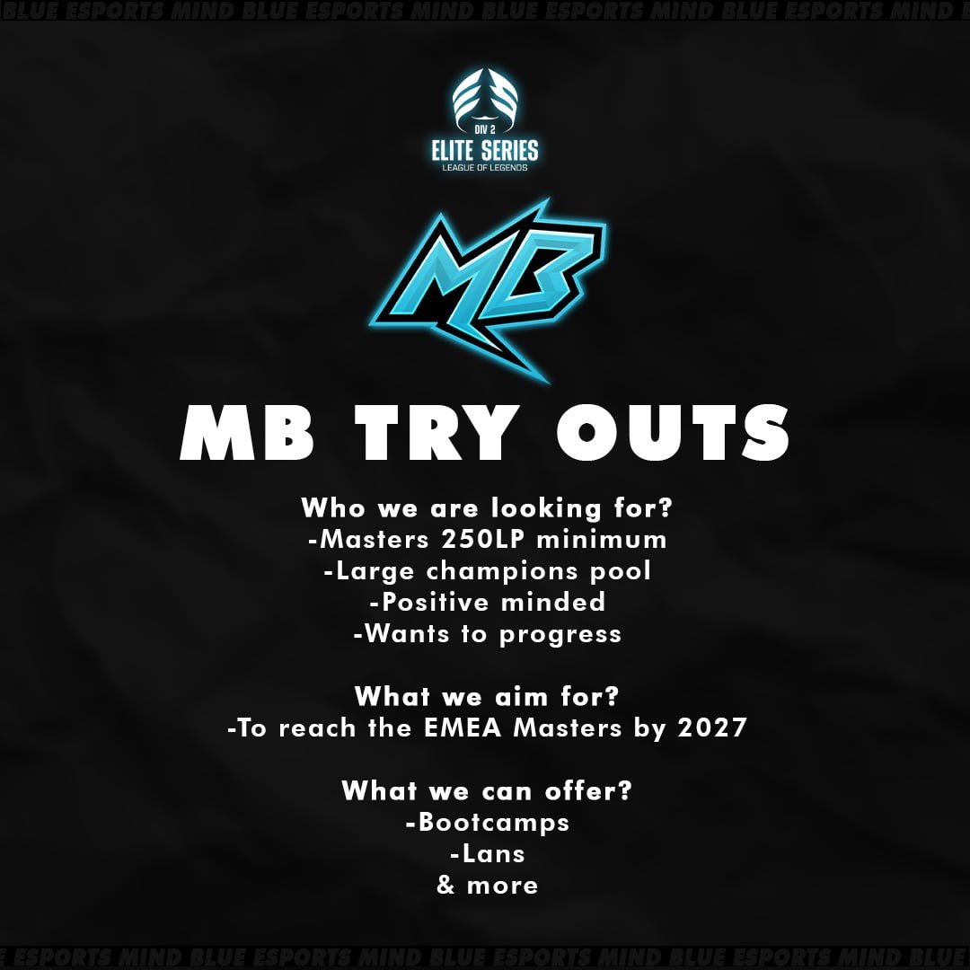 ⚠️ESLOL2 TEAM TRY OUT⚠️

Mind blue is opening its try out for the 2025 spring split!🥳

Please fill out the form, we can’t wait to meet you all!💙

Apply here👇👇👇

docs.google.com/forms/d/e/1FAI…