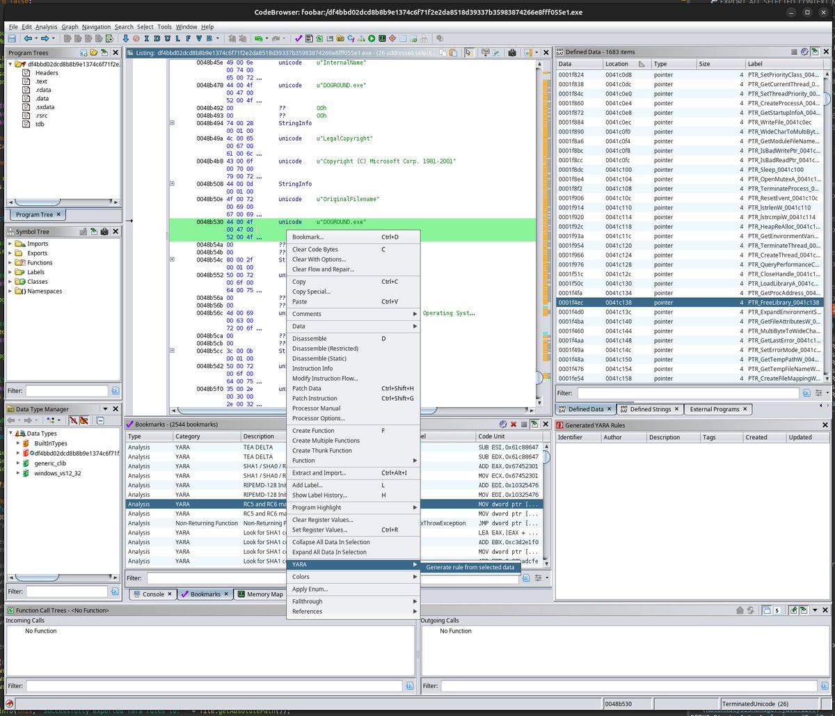 Finally proper YARA support for Ghidra without the suck: GhidraYara (github.com/subreption/ghi…). Analyzer extension + plugin for rule generation and management, rolled up in one. More features to come, including integration with ProgramDB (for in-DB storage of rules and artifacts).