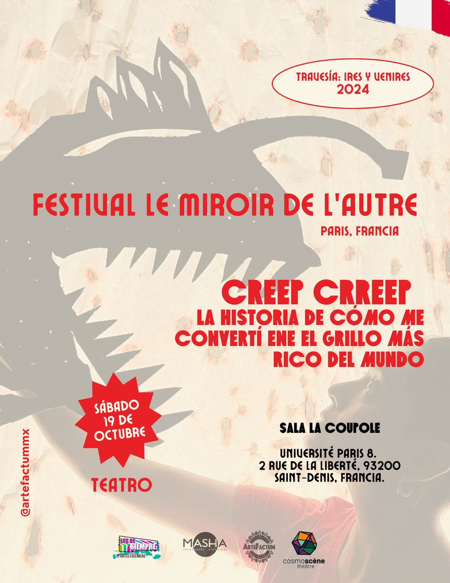ArteFactumMx's tweet photo. ¡Nos vemos el 19 de octubre en la Universidad Paris VIII!

#teatro #mexicano #artefactum #gira #internacional #mexico #francia #paris #titeres #expandiendoalbarrio #caravana #travesia #paris8 https://t.co/z8pu0NeC5l