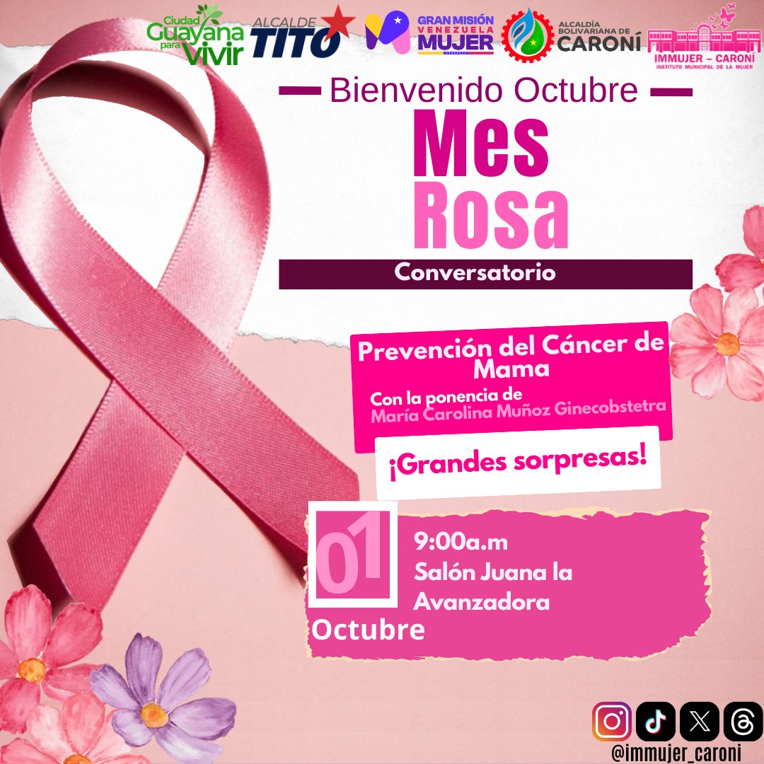 Le damos la bienvenida al mes rosa desde las instalaciones de IMMUJER Caroní con este conversatorio sobre la prevención del cáncer de mamas.

#IMMUJER #Caroni

<a href="/NicolasMaduro/">Nicolás Maduro</a> <a href="/OviedoPSUV/">Tito Oviedo</a>