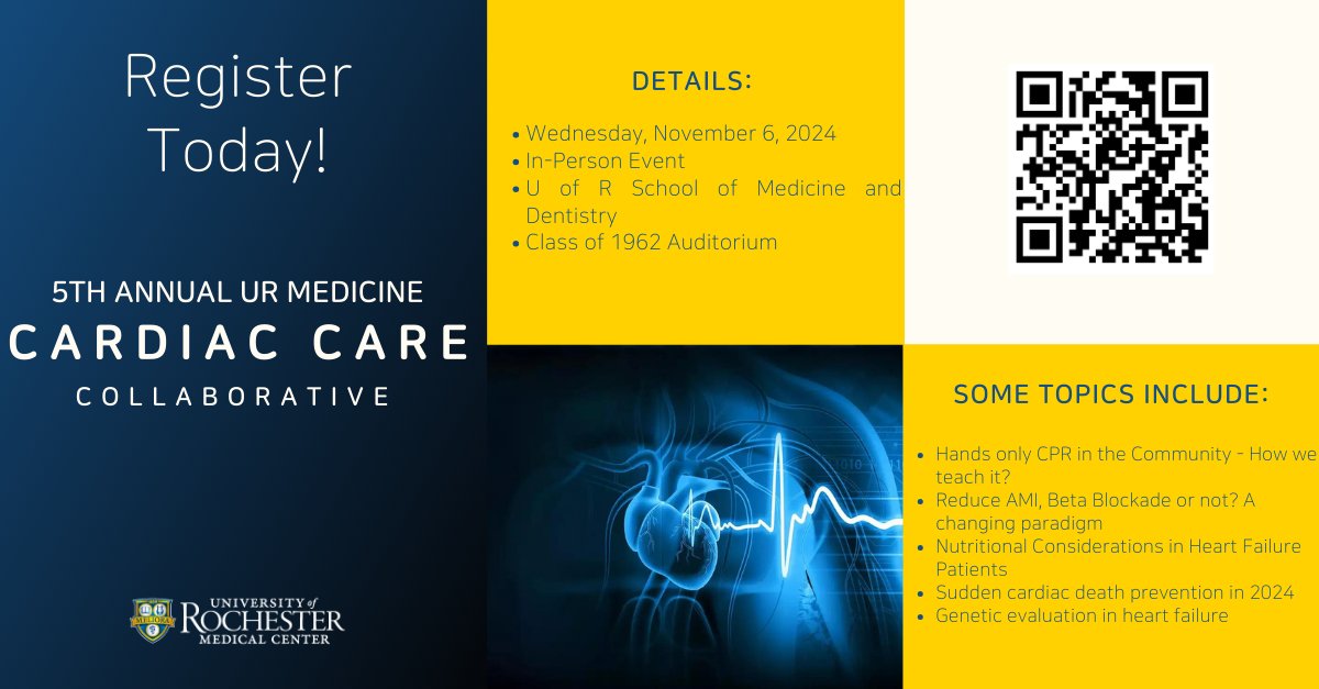 URMed_AHF's tweet photo. Join several healthcare professionals for our 5th Annual UR Medicine 5th Annual Cardiac Care Collaborative. #URMedicine #URCardiology #Cardiachealth #Rochester #healthcarelearning #heart #LVAD https://t.co/Gxts9dfyuz
