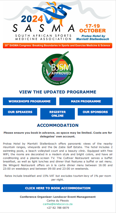 BJSM_BMJ's tweet photo. π’ #EventAnnouncement 20th SASMA Congress
Breaking Boundaries in Sports and Exercise Medicine & Science π #SASMAStrong
π Register today https://t.co/ag5g2PCv80 https://t.co/q47xO2PslG