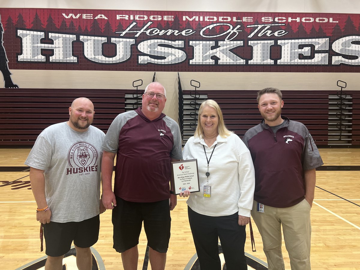 WeaRidgeMS's tweet photo. WRM has proudly earned the title of the top fundraising school in Indiana for the American Heart Association.  Our PE/Health classes learned about heart health while raising funds to combat heart disease.  Great Job Huskies!! @TSCSuper https://t.co/NriKk2n5TD