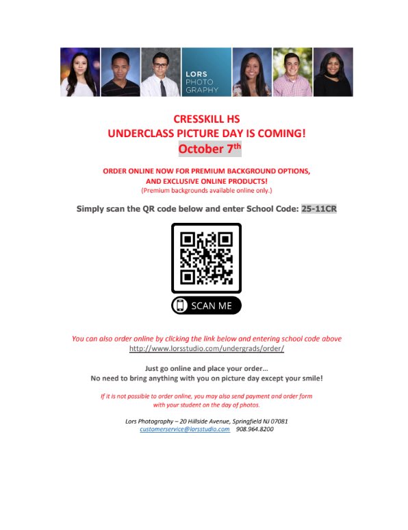 Underclassmen Picture Day is around the corner! See flyer below for more information <a href="/CresskillMSHS/">Cresskill MS/HS</a>