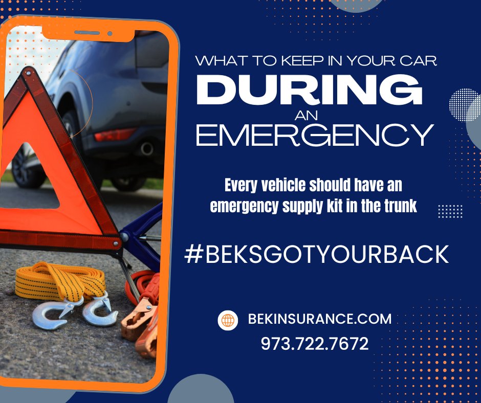 BekInsurance's tweet photo. Unfortunately, emergencies can happen at any time – including when you’re driving. That’s why we recommend keeping these items in your car at all times! #BEKSGOTYOURBACK
https://t.co/qYdn03ke97 https://t.co/c6dMCgJiHS