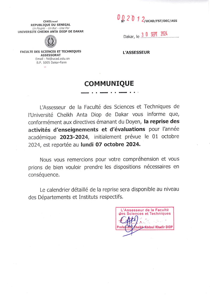 #Communiqué📷
Mesdames, Messieurs,
Veuillez recevoir le communiqué relatif au report des activités pédagogiques.
#compublique #UCAD #communicationon #mesenegal