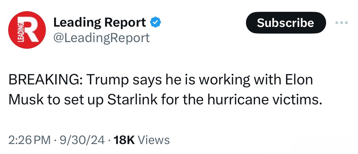 3orovik's tweet photo. While Biden/Kamala do nothing, Trump &amp; Elon are helping hurricane victims!

Remember this when you vote in November! https://t.co/9tW0RAT2xx