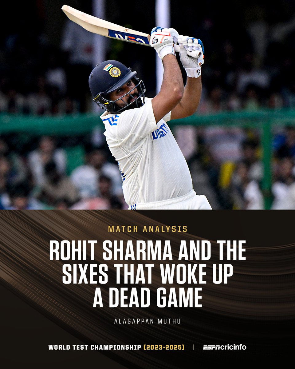 cricinfo's tweet photo. Deliberately hitting your first two balls in a Test for sixes? Only Rohit Sharma 🫡

✍️ https://t.co/xnMZwphAJb | #INDvBAN https://t.co/vZkqNRYlod